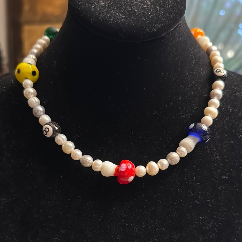 Galley Los Angeles, genuine, pearl and glass mushroom necklace, silver closure